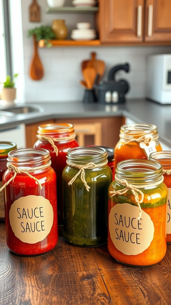 Creative sauce jars with decorative labels and twine on a wooden table.